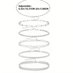 5pcs Silver Bracelets For Women, 14K Silver Plated Dainty Bracelets Set For Women Trendy Adjustable Stackable Bracelets